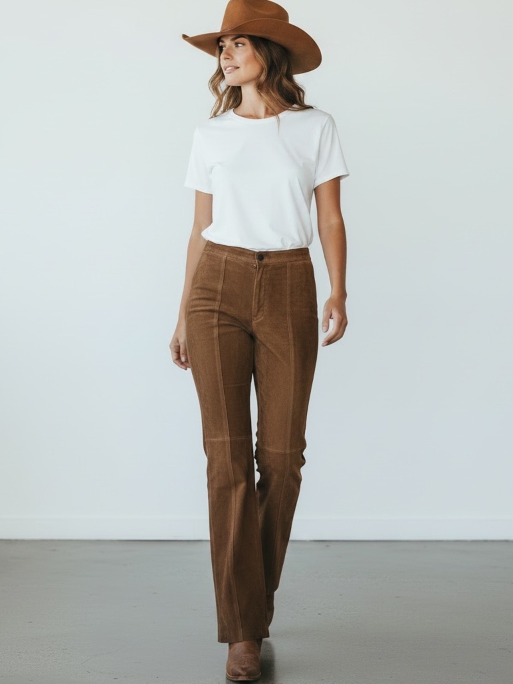 Maxima x Wilson Suede Leather Pants Women’s 10 Brown Raw Hem Lined Flare